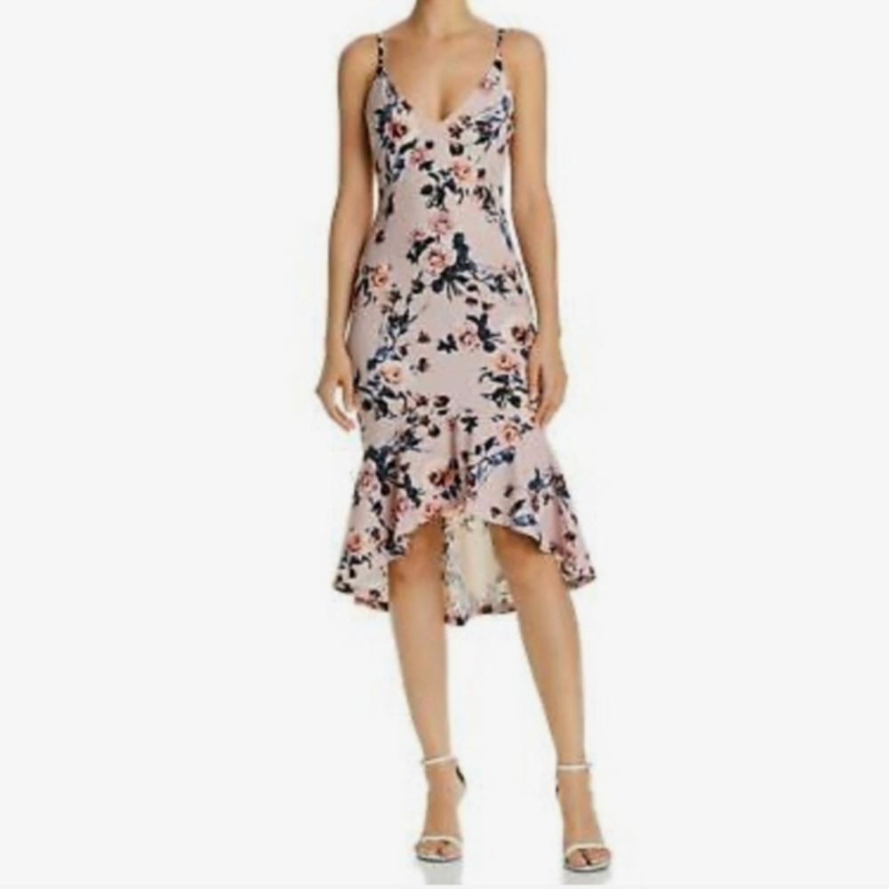 NWT AQUA Flounce Hem Pink Rose Floral Midi Dress XS